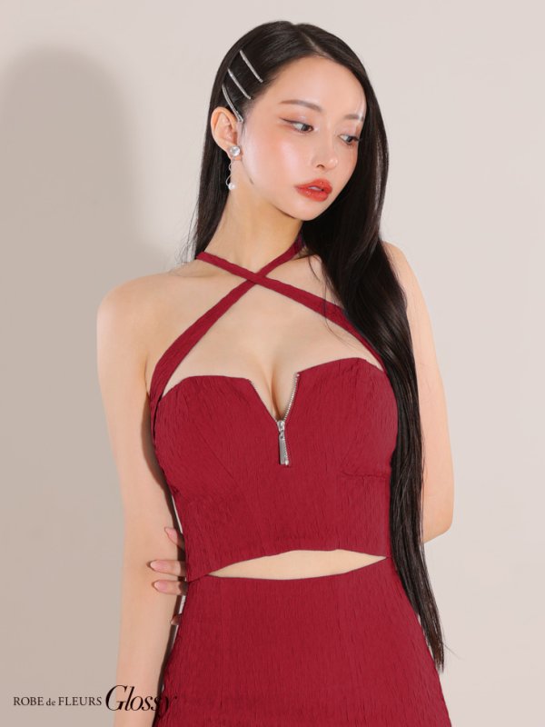 画像16: XSサイズあり【Glossy/グロッシー】クロスホルターネック/ バストジップ/ シンプル/ セットアップ/ タイト/ ミニドレス/ キャバドレス[OF08]