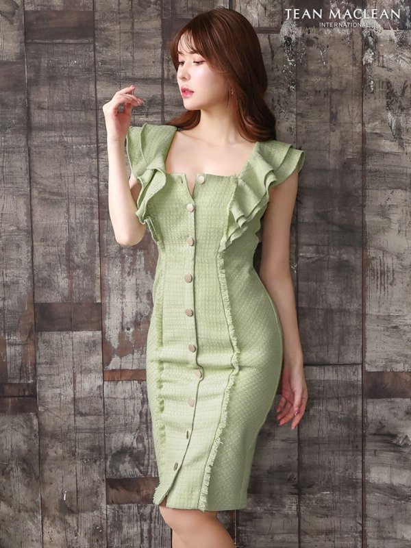 画像12: Lサイズあり【JEAN MACLEAN/ジャンマクレーン】フリルショルダー/ ボタンデザイン/ 膝丈/ タイト/ ミディアムドレス/ キャバドレス【HC02】