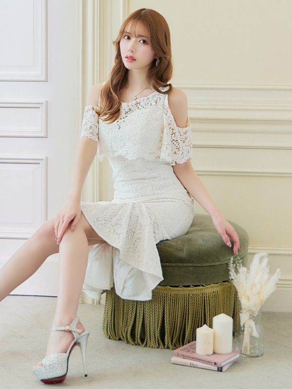 画像4: Lサイズあり【JEAN MACLEAN/ジャンマクレーン】総レース/ ワンピース/ フリル/ ワンカラー/ テールカット/ マーメイド/ ひざ丈/ ミディアムドレス/キャバドレス【HC02】