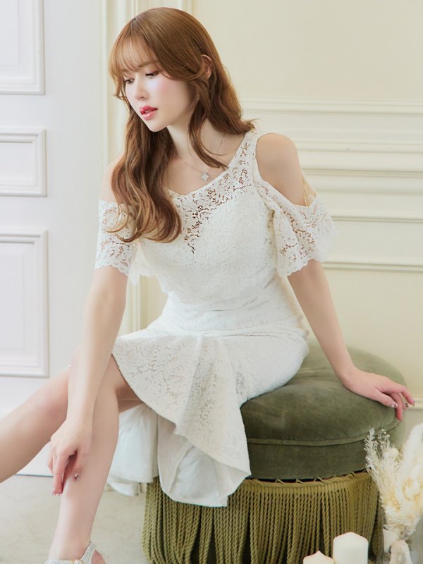 画像5: Lサイズあり【JEAN MACLEAN/ジャンマクレーン】総レース/ ワンピース/ フリル/ ワンカラー/ テールカット/ マーメイド/ ひざ丈/ ミディアムドレス/キャバドレス【HC02】