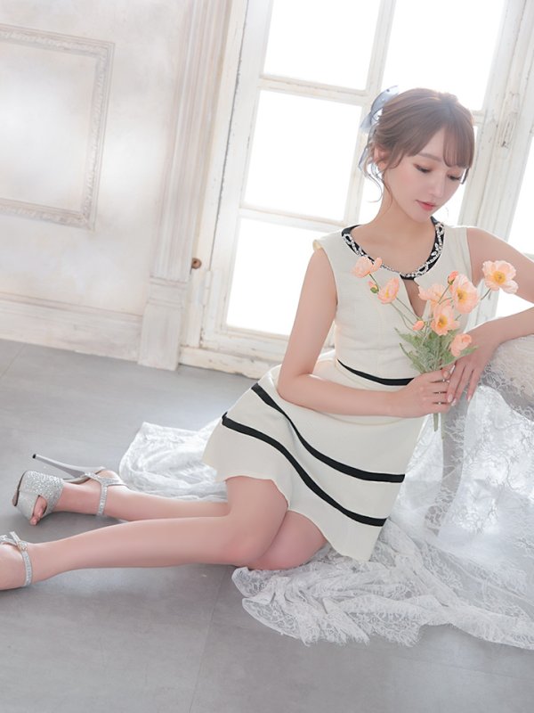 画像5: 【IRMA/イルマ】バイカラー/ デコルテビジュー/ カットアウト/ ノースリーブ/ ジャガード/ フレア/ ミニドレス/ キャバドレス【HC02】