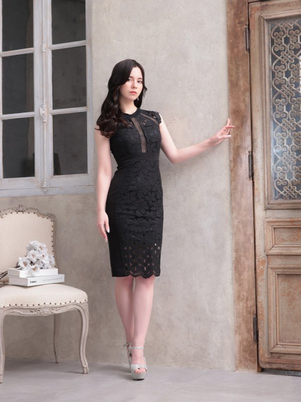 画像4: Lサイズあり【JEAN MACLEAN/ジャンマクレーン】総レース/ フラワーレース/ ノースリーブ/ 切り替え/ ハイウエスト/ 膝丈/ タイト/ ミディアムドレス/ キャバドレス【HC02】