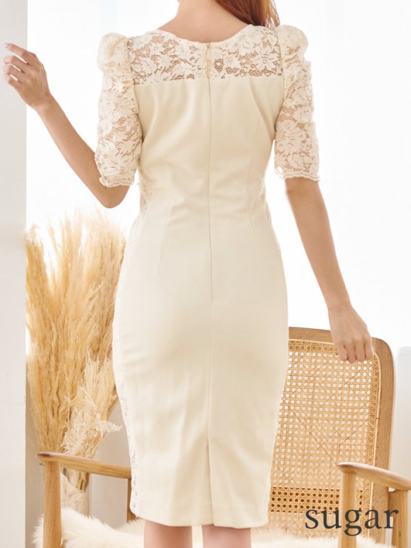 画像17: Lサイズあり【JEAN MACLEAN/ジャンマクレーン】レース/ 半袖/ 袖あり/ パフスリーブ/ ウエストビジュー/ 切り替え/ タイト/ 膝丈/ ミディアムドレス/ キャバドレス【HC02】