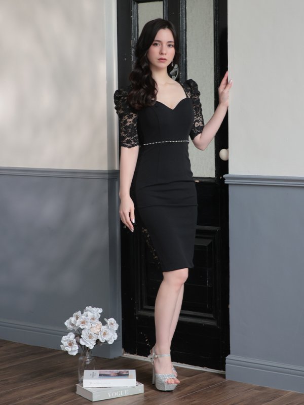 画像4: Lサイズあり【JEAN MACLEAN/ジャンマクレーン】レース/ 半袖/ 袖あり/ パフスリーブ/ ウエストビジュー/ 切り替え/ タイト/ 膝丈/ ミディアムドレス/ キャバドレス【HC02】