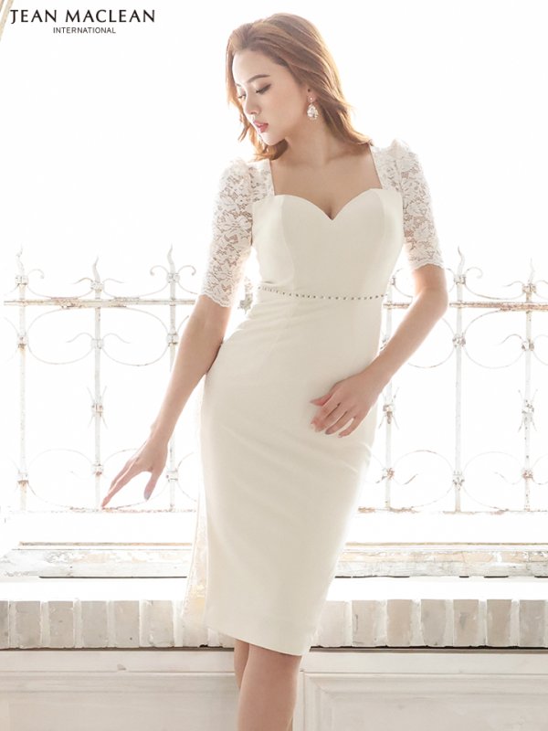 画像3: Lサイズあり【JEAN MACLEAN/ジャンマクレーン】レース/ 半袖/ 袖あり/ パフスリーブ/ ウエストビジュー/ 切り替え/ タイト/ 膝丈/ ミディアムドレス/ キャバドレス【HC02】