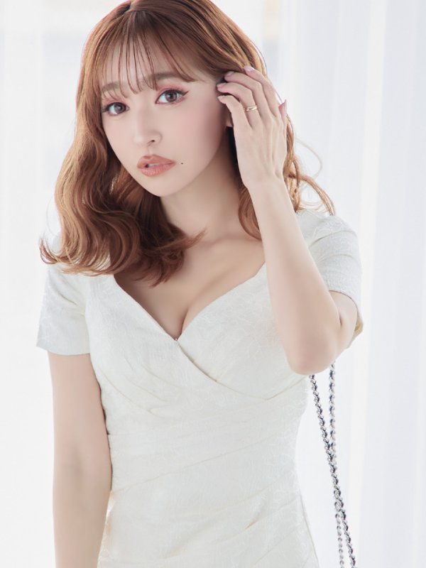 画像10: Lサイズあり【JEAN MACLEAN/ジャンマクレーン】ジャガード/ 花柄/ ワンカラー/ 半袖/ 袖あり/ タック/ タイト/ ひざ丈/ ミディアムドレス/キャバドレス【HC02】