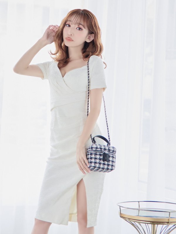 画像13: Lサイズあり【JEAN MACLEAN/ジャンマクレーン】ジャガード/ 花柄/ ワンカラー/ 半袖/ 袖あり/ タック/ タイト/ ひざ丈/ ミディアムドレス/キャバドレス【HC02】