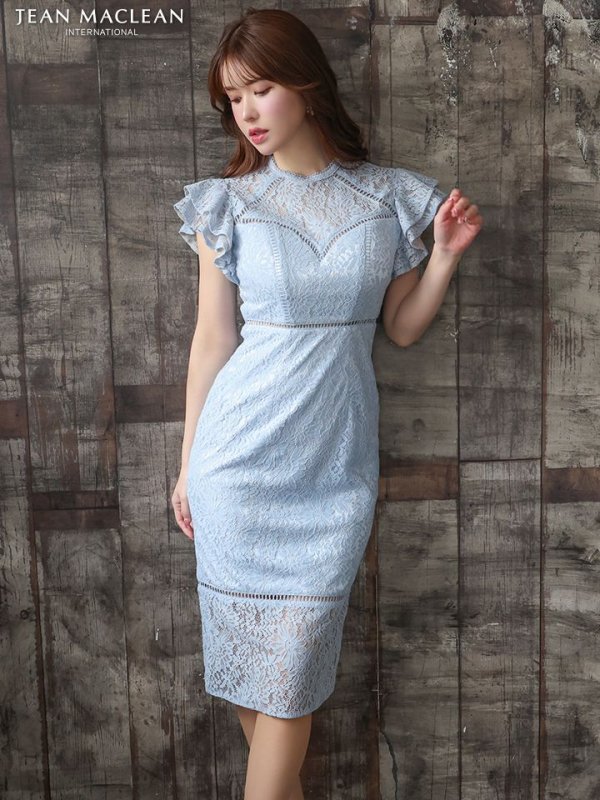 画像3: Lサイズあり【JEAN MACLEAN/ジャンマクレーン】総レース/ フリルスリーブ/ ハイウエスト/ 切り替え/ 膝丈/ タイト/ ミディアムドレス/ キャバドレス【HC02】