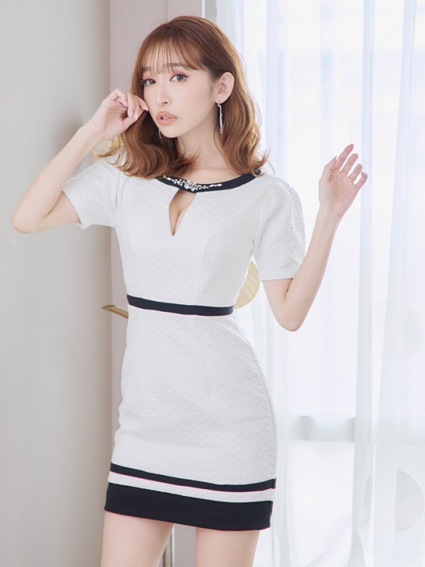 画像8: XSサイズあり【IRMA/イルマ】バイカラー/ モノトーン/ デコルテビジュー/ カットアウト/ 半袖/ 袖あり/ タイト/ ミニドレス/ キャバドレス【HC02】