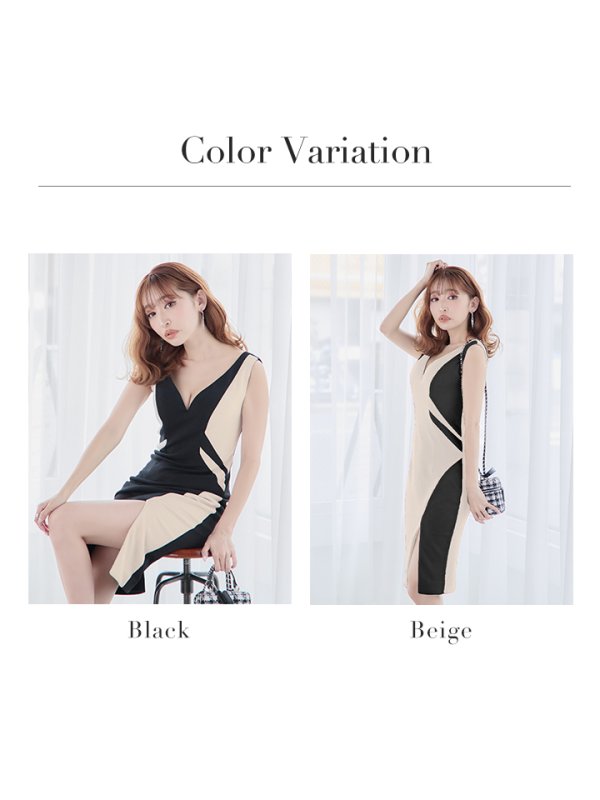 画像17: Lサイズあり【JEAN MACLEAN/ジャンマクレーン】バイカラー/ Vネック/ ノースリーブ/ スリット/ シンプル/ タイト/ 膝丈/ ミディアムドレス/ キャバドレス【HC02】