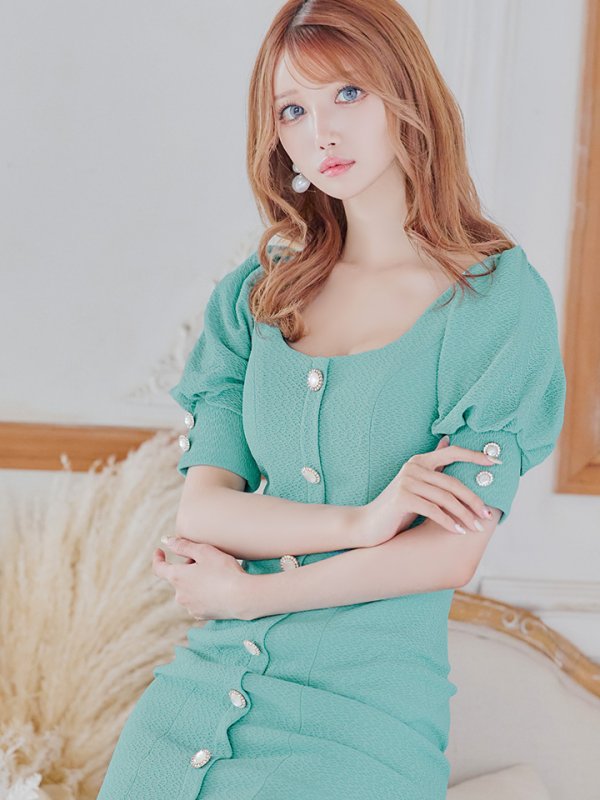 画像17: Lサイズあり【JEAN MACLEAN/ジャンマクレーン】ストレッチジャガード/ 半袖/ 袖あり/ パフスリーブ/ ボタン/ ワンカラー/ タイト/ 膝丈/ ミディアムドレス/ キャバドレス【HC02】