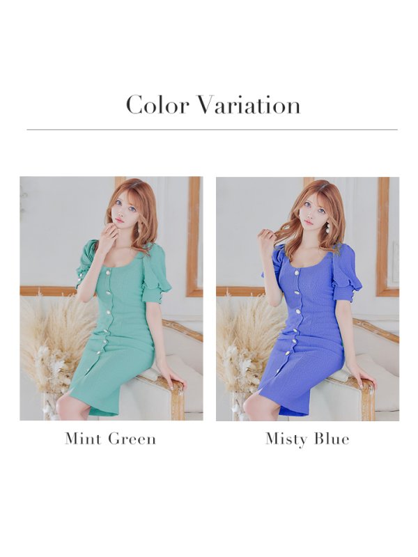 画像28: Lサイズあり【JEAN MACLEAN/ジャンマクレーン】ストレッチジャガード/ 半袖/ 袖あり/ パフスリーブ/ ボタン/ ワンカラー/ タイト/ 膝丈/ ミディアムドレス/ キャバドレス【HC02】