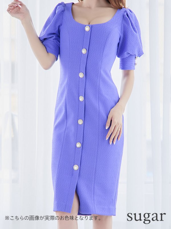 画像8: Lサイズあり【JEAN MACLEAN/ジャンマクレーン】ストレッチジャガード/ 半袖/ 袖あり/ パフスリーブ/ ボタン/ ワンカラー/ タイト/ 膝丈/ ミディアムドレス/ キャバドレス【HC02】