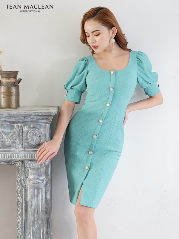 画像4: Lサイズあり【JEAN MACLEAN/ジャンマクレーン】ストレッチジャガード/ 半袖/ 袖あり/ パフスリーブ/ ボタン/ ワンカラー/ タイト/ 膝丈/ ミディアムドレス/ キャバドレス【HC02】
