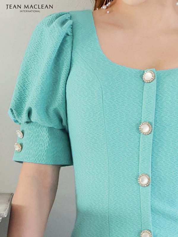 画像7: Lサイズあり【JEAN MACLEAN/ジャンマクレーン】ストレッチジャガード/ 半袖/ 袖あり/ パフスリーブ/ ボタン/ ワンカラー/ タイト/ 膝丈/ ミディアムドレス/ キャバドレス【HC02】