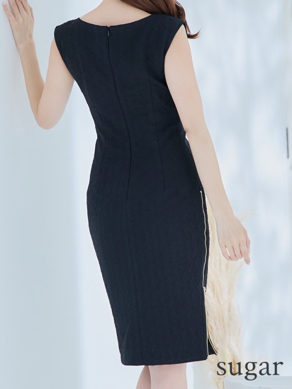 画像9: Lサイズあり【JEAN MACLEAN/ジャンマクレーン】シンプル/ ワンカラー/ ストレッチ/ ダイヤ柄/ タック/ ノースリーブ/ タイト/ 膝丈/ ミディアムドレス/ キャバドレス【HC02】