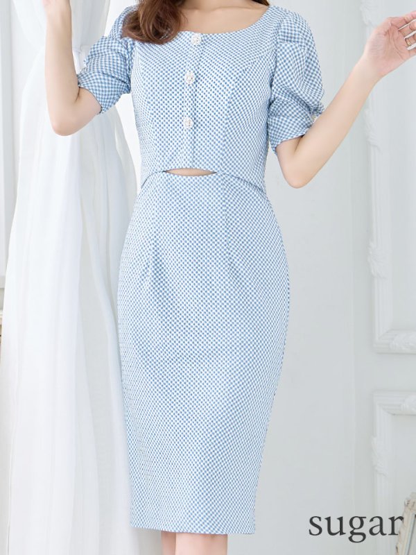 画像10: Lサイズあり【JEAN MACLEAN/ジャンマクレーン】チェック柄ニット/ ストレッチ/ ボタン/ カットアウト/ 半袖/ 袖あり/ パフスリーブ/ タイト/ ひざ丈/ ミディアムドレス/キャバドレス【HC02】