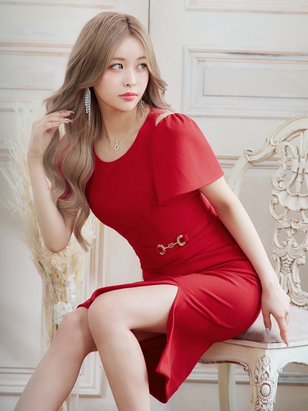 画像5: sugarオリジナルカラー・Lサイズあり【JEAN MACLEAN/ジャンマクレーン】シンプル/ ワンカラー/ ストレッチ/ カットアウト/ 半袖/ 袖あり/ タイト/ 膝丈/ ミディアムドレス/ キャバドレス【HC02】