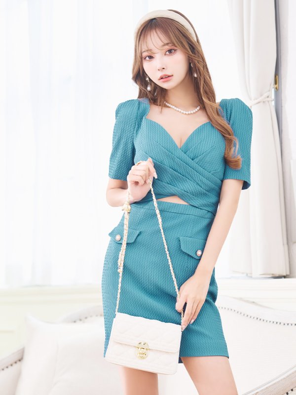 画像3: sugarオリジナルカラー・XSサイズあり【IRMA/イルマ】パフスリーブ/ 半袖/ 袖あり/ ワンカラー/ カットアウト/ ニット/ ストレッチ/ パールボタン/ タイト/ ミニドレス/ キャバドレス【HC02】