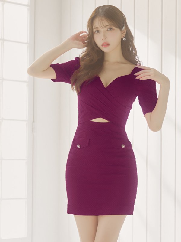 画像3: sugarオリジナルカラー・XSサイズあり【IRMA/イルマ】パフスリーブ/ 半袖/ 袖あり/ ワンカラー/ カットアウト/ ニット/ ストレッチ/ パールボタン/ タイト/ ミニドレス/ キャバドレス【HC02】