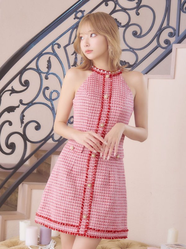 画像3: XSサイズあり【IRMA/イルマ】チェックツイード/ アメスリ/ ホルターネック/ フリンジ/ パールボタン/ Aライン/ ミニドレス/ キャバドレス【HC02】