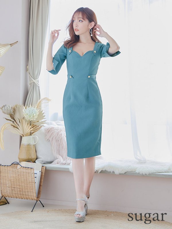 画像7: Lサイズあり【JEAN MACLEAN/ジャンマクレーン】シンプル/ ワンカラー/ パールボタン/ 半袖/ 袖あり/ スリットスリーブ/ タイト/ ひざ丈/ ミディアムドレス/キャバドレス【HC02】