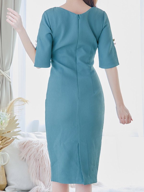 画像9: Lサイズあり【JEAN MACLEAN/ジャンマクレーン】シンプル/ ワンカラー/ パールボタン/ 半袖/ 袖あり/ スリットスリーブ/ タイト/ ひざ丈/ ミディアムドレス/キャバドレス【HC02】