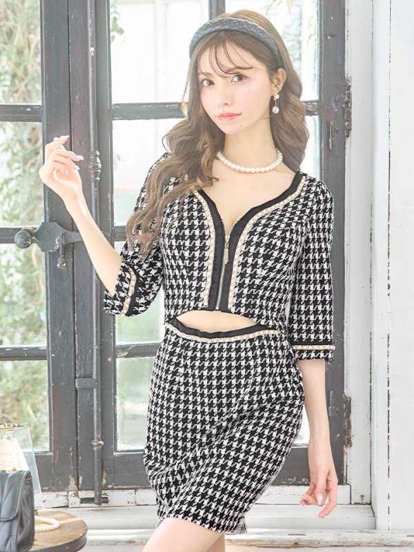 画像5: XS-Lサイズあり【IRMA/イルマ】千鳥柄/ フロントジップ/ 七分袖/ 袖あり/ ウエストカット/ タイト/ ミニドレス/ キャバドレス【HC02】