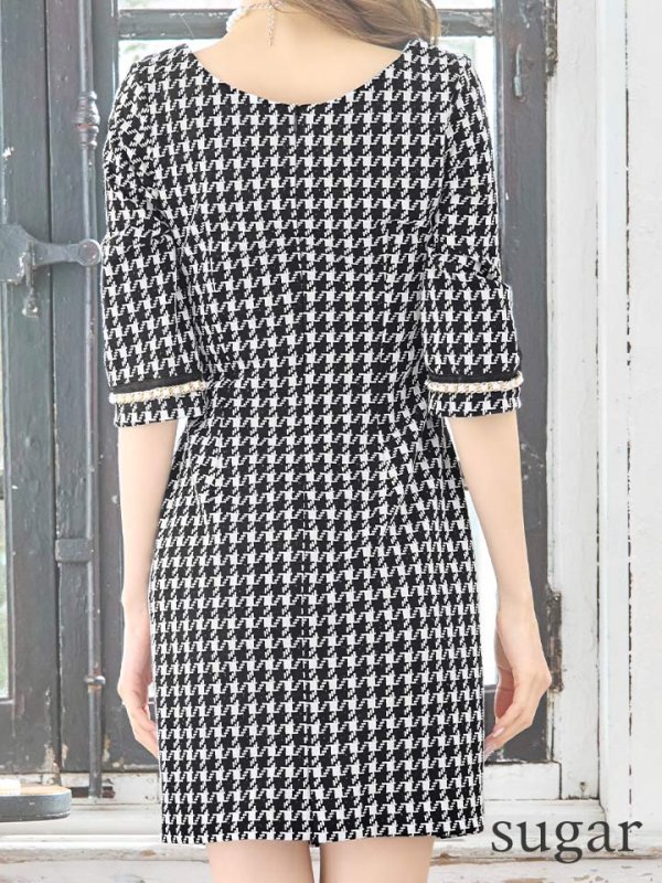 画像8: XS-Lサイズあり【IRMA/イルマ】千鳥柄/ フロントジップ/ 七分袖/ 袖あり/ ウエストカット/ タイト/ ミニドレス/ キャバドレス【HC02】