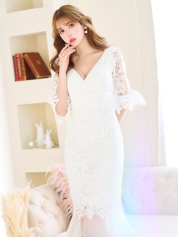 画像4: 【JEAN MACLEAN/ジャンマクレーン】フラワーレース/ タック/ フリル/ 袖あり/ 五分袖/ 膝丈/ マーメイド/ ミディアムドレス/ キャバドレス【HC02】