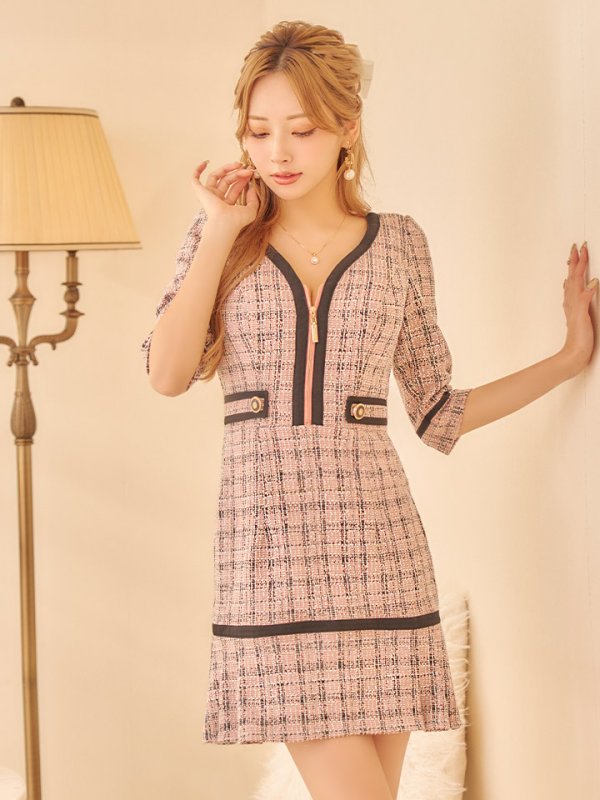 画像5: sugarオリジナルカラー・XSサイズあり【IRMA/イルマ】ラメニット/ ツイード/ フロントジップ/ ポケットデザイン/ 袖付き/ ミニドレス/ キャバドレス【HC02】