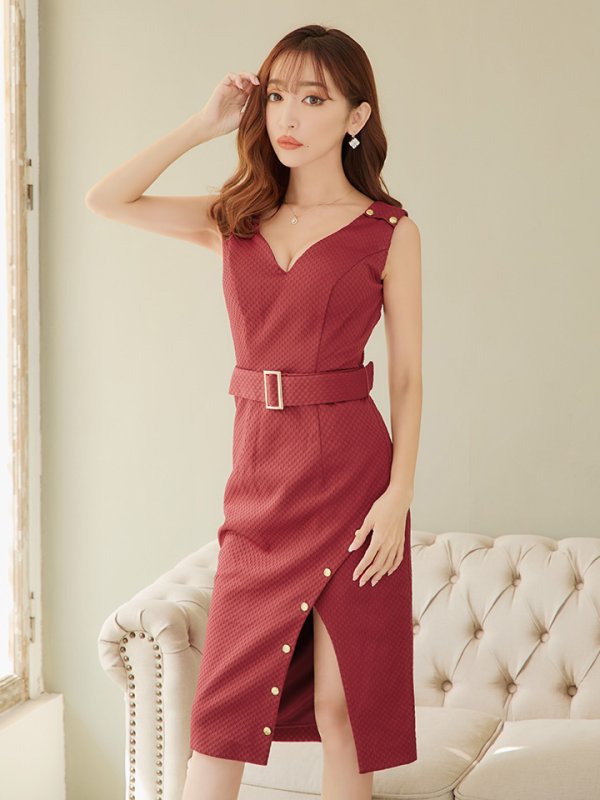 画像3: Lサイズあり【JEAN MACLEAN/ジャンマクレーン】シンプル/  ワンカラー/ Vネック/ ノースリーブ/ ベルト/ タイト/ 膝丈/ ミディアムドレス/ キャバドレス【HC02】