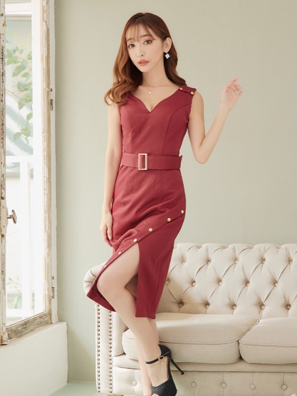 画像4: Lサイズあり【JEAN MACLEAN/ジャンマクレーン】シンプル/  ワンカラー/ Vネック/ ノースリーブ/ ベルト/ タイト/ 膝丈/ ミディアムドレス/ キャバドレス【HC02】