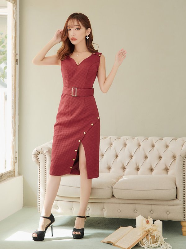 画像6: Lサイズあり【JEAN MACLEAN/ジャンマクレーン】シンプル/  ワンカラー/ Vネック/ ノースリーブ/ ベルト/ タイト/ 膝丈/ ミディアムドレス/ キャバドレス【HC02】