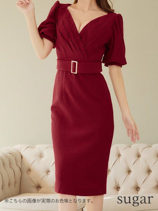 画像8: Lサイズあり【JEAN MACLEAN/ジャンマクレーン】シンプル/  ワンカラー/ Vネック/ 半袖/ 袖あり/ タイト/ 膝丈/ ミディアムドレス/ キャバドレス【HC02】