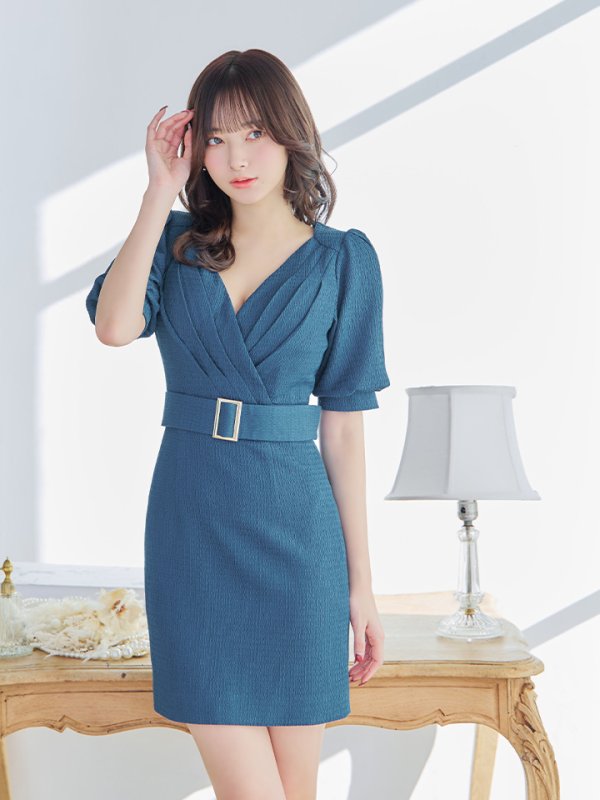 画像18: XSサイズあり【IRMA/イルマ】タック/ ベルト/ パフスリーブ/ 半袖/ 袖あり/ ワンカラー/ タイト/ ミニドレス/ キャバドレス【HC02】