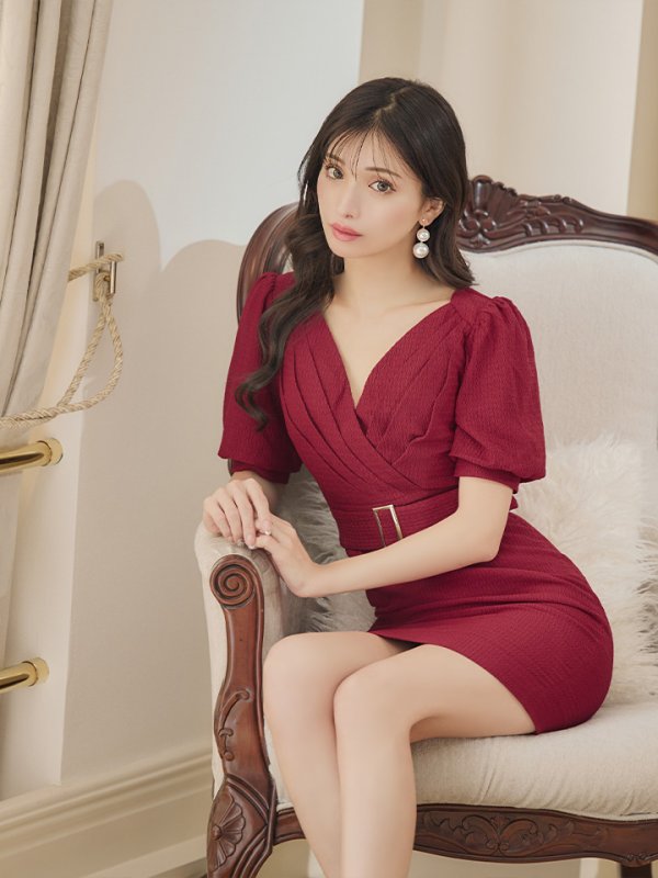 画像7: XSサイズあり【IRMA/イルマ】タック/ ベルト/ パフスリーブ/ 半袖/ 袖あり/ ワンカラー/ タイト/ ミニドレス/ キャバドレス【HC02】