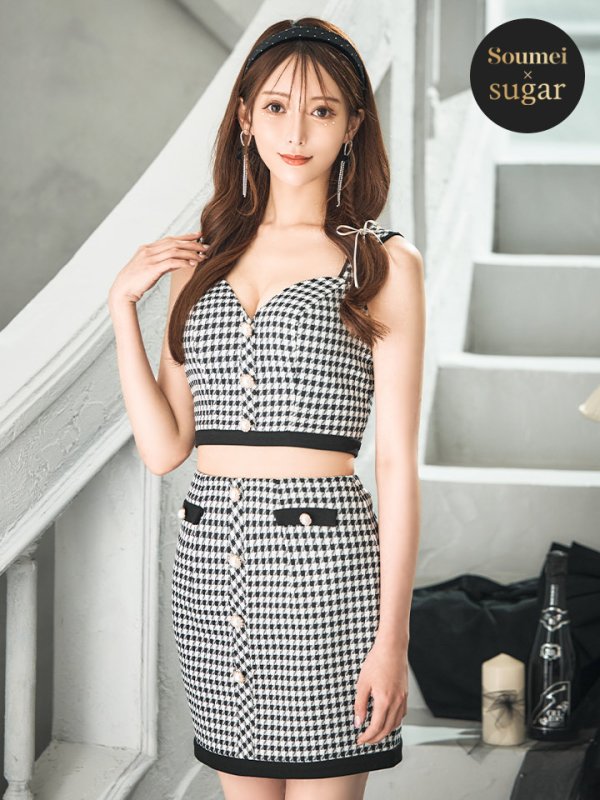 画像5: 【すず/関西コレクション着用】XSサイズあり【IRMA/イルマ】セットアップ/ 千鳥柄/ パール/ ノースリーブ/ タイト/ ミニドレス/ キャバドレス【HC02】