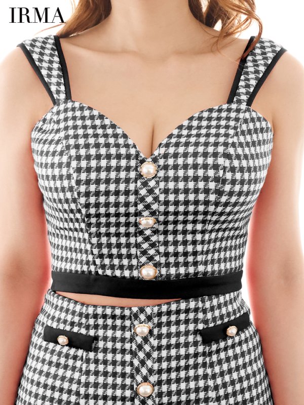 画像4: XSサイズあり【IRMA/イルマ】セットアップ/ 千鳥柄/ パール/ ノースリーブ/ 台形スカート/ ミニドレス/ キャバドレス【HC02】