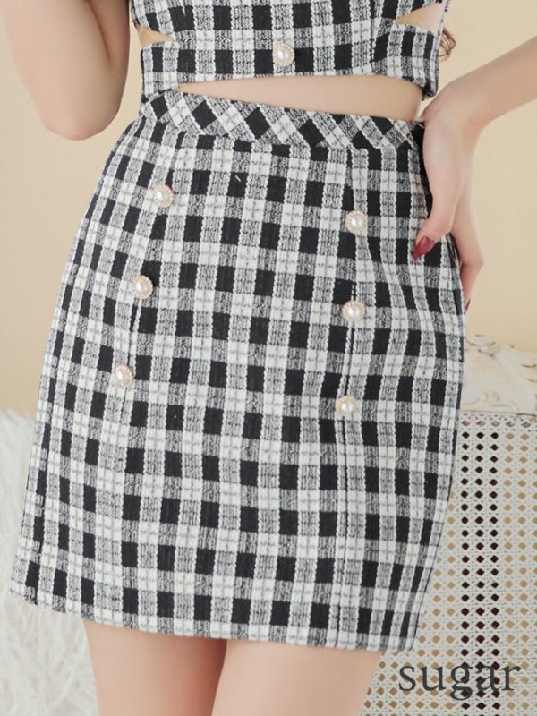 画像11: XSサイズあり【IRMA/イルマ】 ギンガムチェック/ ツイード/ パールボタン/ 半袖/ 袖あり/ パフスリーブ/ タイト/ セットアップ/ミニドレス/ キャバドレス【HC02】