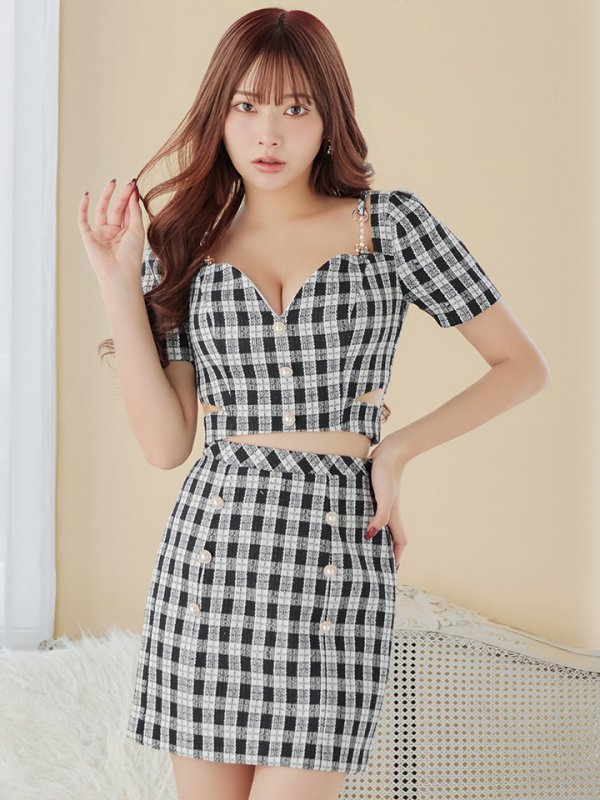 画像6: XSサイズあり【IRMA/イルマ】 ギンガムチェック/ ツイード/ パールボタン/ 半袖/ 袖あり/ パフスリーブ/ タイト/ セットアップ/ミニドレス/ キャバドレス【HC02】