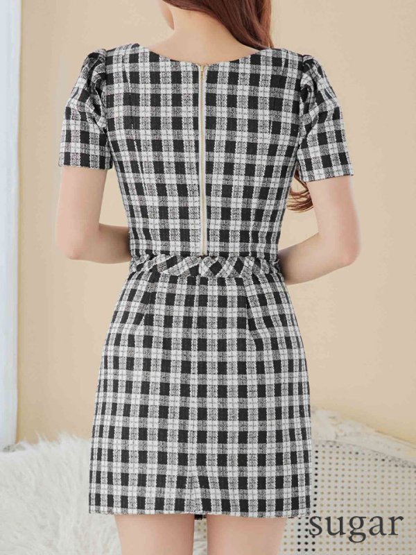 画像9: XSサイズあり【IRMA/イルマ】 ギンガムチェック/ ツイード/ パールボタン/ 半袖/ 袖あり/ パフスリーブ/ タイト/ セットアップ/ミニドレス/ キャバドレス【HC02】
