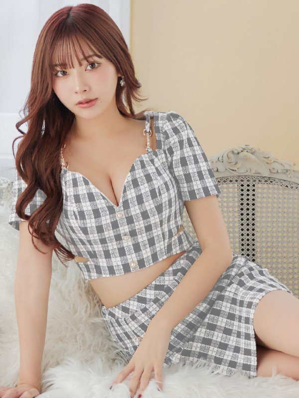 画像18: XSサイズあり【IRMA/イルマ】 ギンガムチェック/ ツイード/ パールボタン/ 半袖/ 袖あり/ パフスリーブ/ タイト/ セットアップ/ミニドレス/ キャバドレス【HC02】