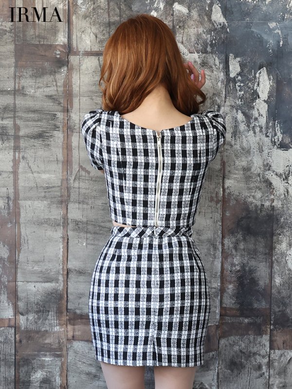 画像4: XSサイズあり【IRMA/イルマ】 ギンガムチェック/ ツイード/ パールボタン/ 半袖/ 袖あり/ パフスリーブ/ タイト/ セットアップ/ミニドレス/ キャバドレス【HC02】