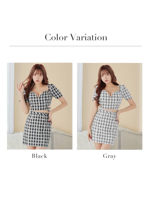 画像24: XSサイズあり【IRMA/イルマ】 ギンガムチェック/ ツイード/ パールボタン/ 半袖/ 袖あり/ パフスリーブ/ タイト/ セットアップ/ミニドレス/ キャバドレス【HC02】