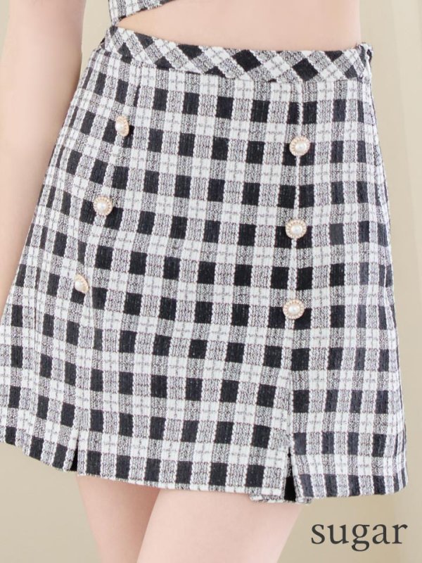 画像13: XSサイズあり【IRMA/イルマ】 ギンガムチェック/ ツイード/ パールボタン/ 半袖/ 袖あり/ パフスリーブ/ 台形スカート/ セットアップ/ミニドレス/ キャバドレス【HC02】