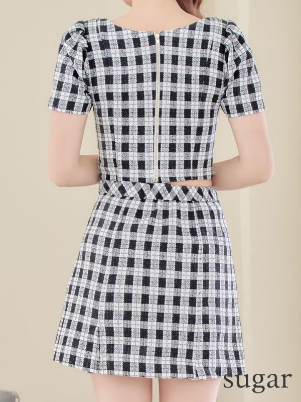 画像11: XSサイズあり【IRMA/イルマ】 ギンガムチェック/ ツイード/ パールボタン/ 半袖/ 袖あり/ パフスリーブ/ 台形スカート/ セットアップ/ミニドレス/ キャバドレス【HC02】