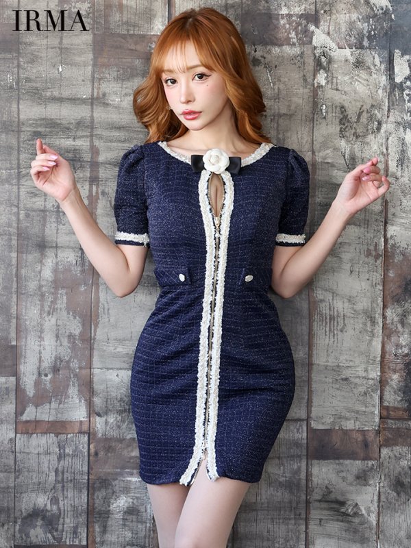 画像17: XSサイズあり【IRMA/イルマ】コサージュ付き/ フロントジップ/ ツイード/ 半袖/ 袖あり/ タイト/ ミニドレス/ キャバドレス【HC02】