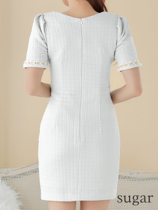 画像9: XSサイズあり【IRMA/イルマ】コサージュ付き/ フロントジップ/ ツイード/ 半袖/ 袖あり/ タイト/ ミニドレス/ キャバドレス【HC02】