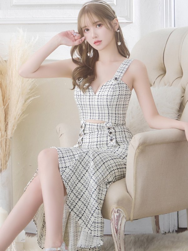 画像5: Lサイズあり【JEAN MACLEAN/ジャンマクレーン】マーメイド/ ツイードチェック/ ウエストカット/ ノースリーブ/ タイト/ ミディアムドレス/ キャバドレス【HC02】